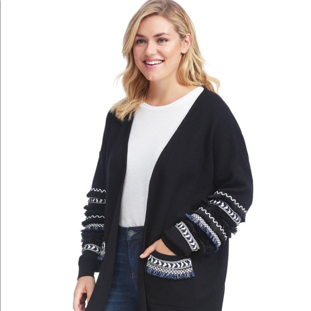 Black Cardigan Sweater w Blue & White Embroidery